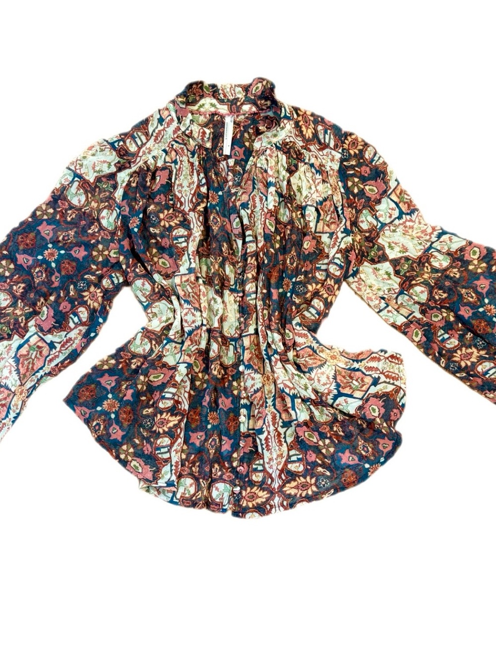 Anthropologie Estela Sheer Printed Blouse Medium Boho Rug Print Balloon Sleeve - Picture 4 of 16